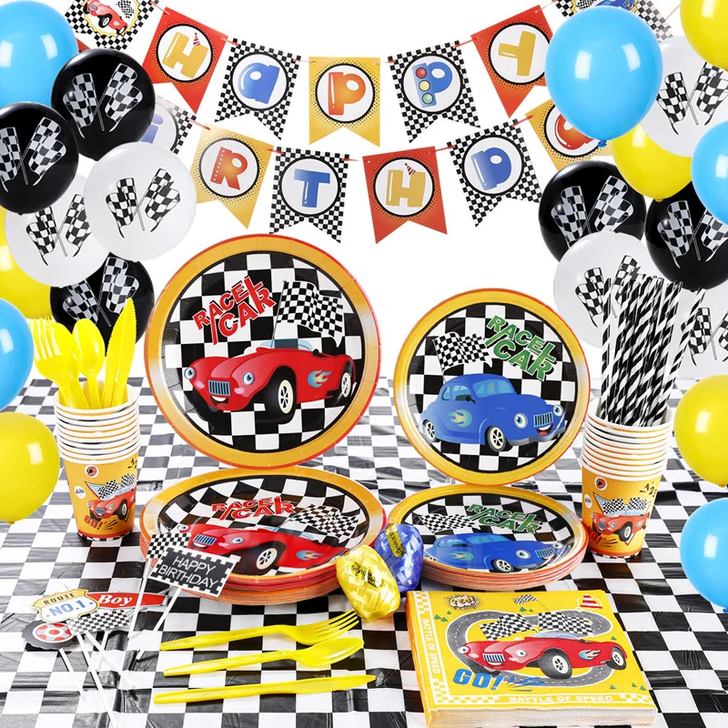 

SURSURPIRSE Racing Theme Disposable Red Blue Racel Car Print Plate Banner Napkin Tablecloth Cupcake Topper for Birthday Supplies