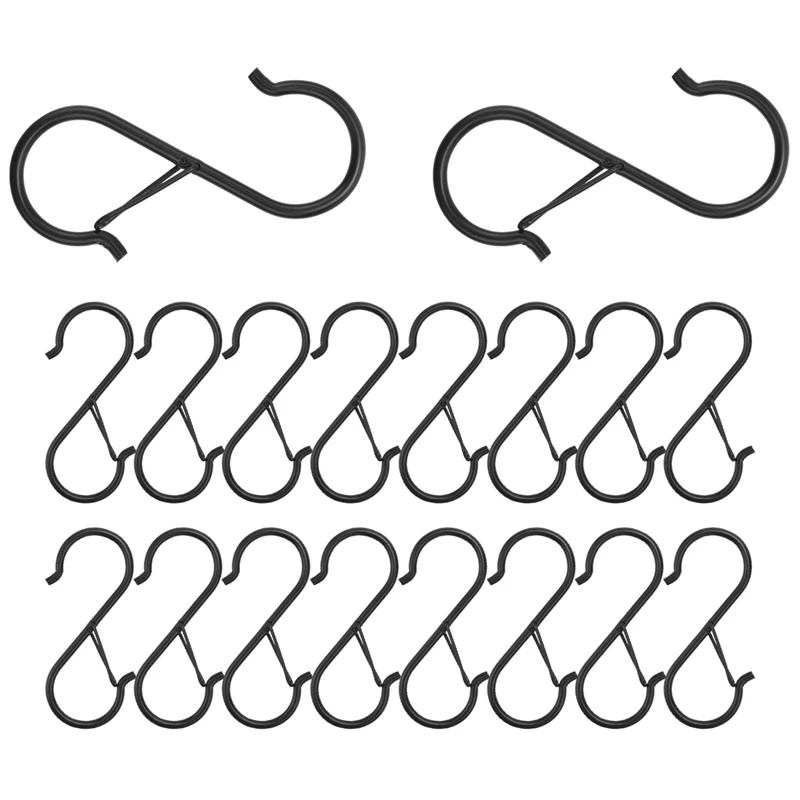 

AT14 Black S Hooks For Hanging, Heavy Duty S Hooks With Safety Buckle Design, Plants Hooks, Lights Hooks, Shelf With Hooks