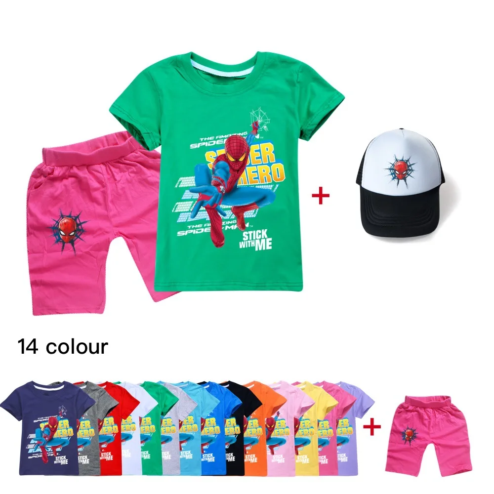 

2022 SpiderMan New Cartoon Printing Cotton Breathable Fashion Boys and Girls T +Shorts Suit + Hat Suitable For 2-16Y