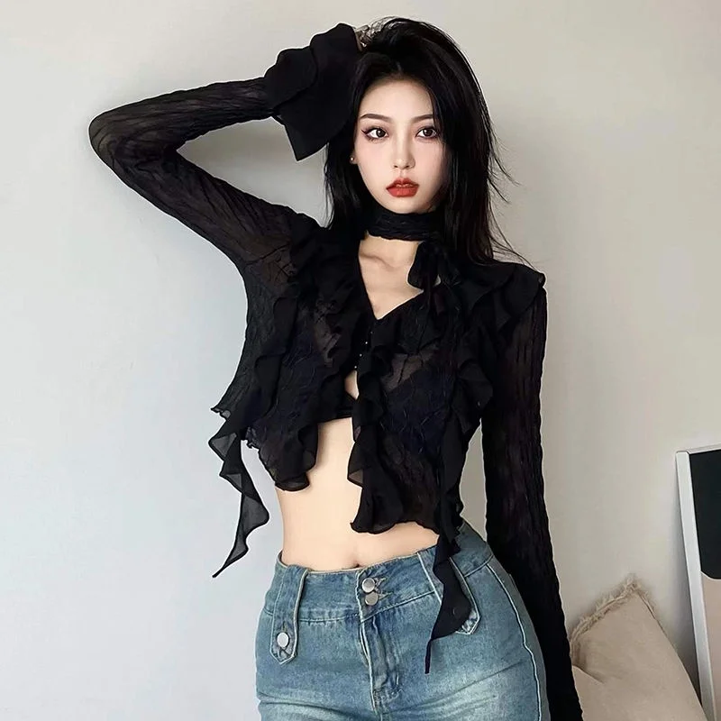 

Slim Fit V-neck Long Sleeve Ruffle Short Flare Sleeve Shirt Top Women