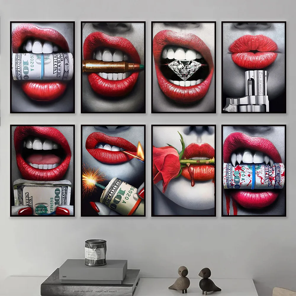 

Sexy Woman Red Lips Money Rose Wall Art Posters Modern Home Living Room Bedroom Decorative Canvas Painting Picture Print Artwork