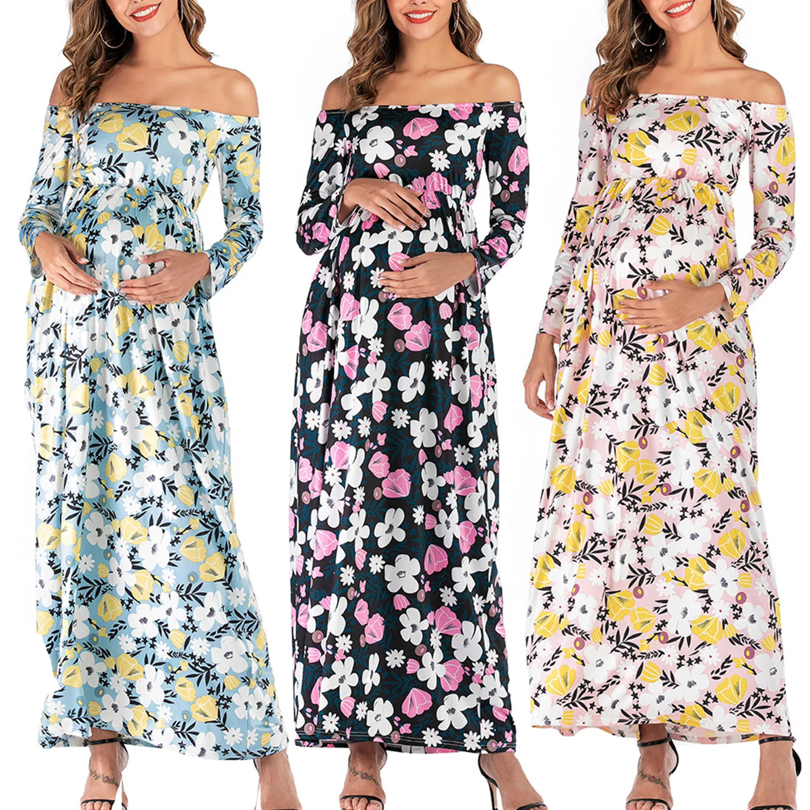 

Maternity Word-Shoulder Long Sleeve Flowers Print Length-skirt Fashion Dress Pregnancy Clothes платье для беременных