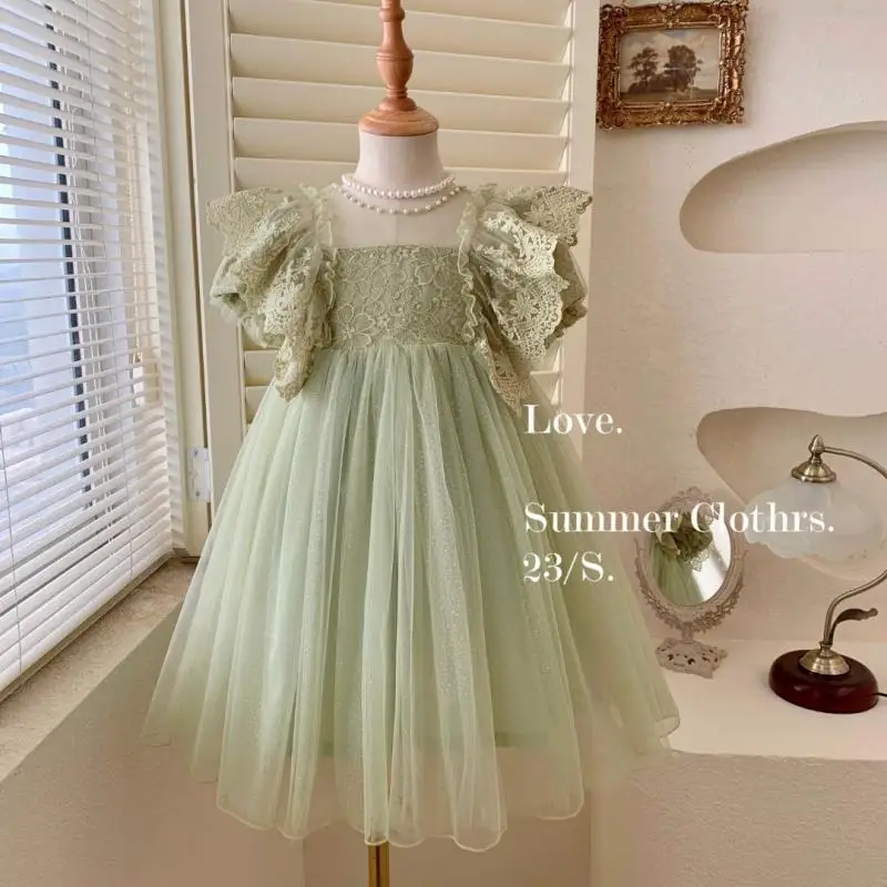 

2023 летнее кружевное платье принцессы для ребенка девочки детские зеленые сетчатые пышные платья с бисером детская элегантная одежда для дня рождения