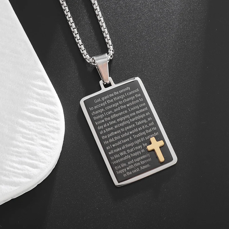 

Stainless Steel Scripture Cross Square Pendant Necklace Men Women Religious Prayer Amulet Jewelry