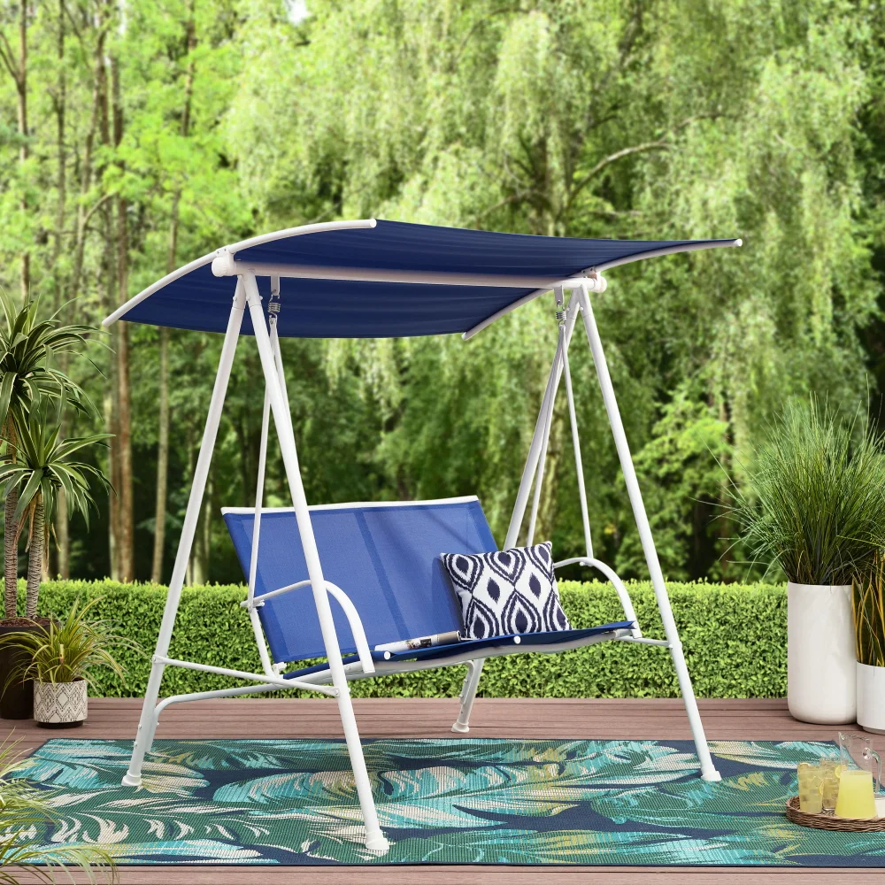 

Mainstays Albany Lane 2-Person Steel Canopy Porch Swing, Blue and White Swing Hanging Chair Swing Chair