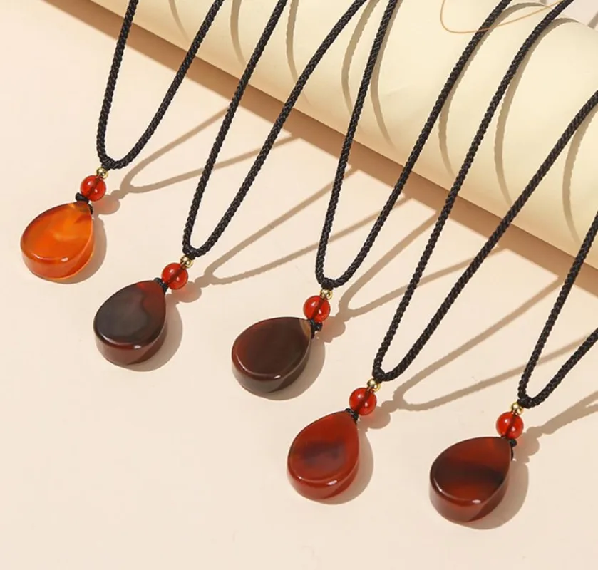 

20pcs Red Agate Natural Stone Pendant Flat Water Drop Charms Necklace for Women Men Rope Chain Jewelry Gift