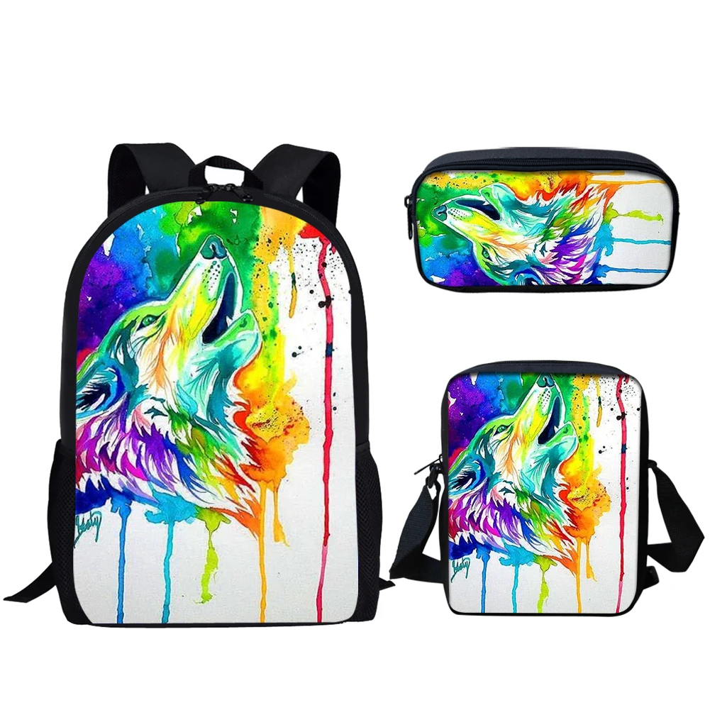 Belidome Print 3Set School Bgs Wolf Rainbow Bookbag for Teen Boys Casual Lightweight Backpack for College Student Schoolbag