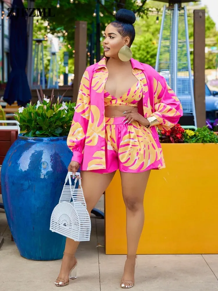 

Tropical Leaves Print 3 Three Piece Sets Women Spaghetti Strap Cleavage Bra Top+high Waist Loose Short+long Sleeve Shirt Outfits