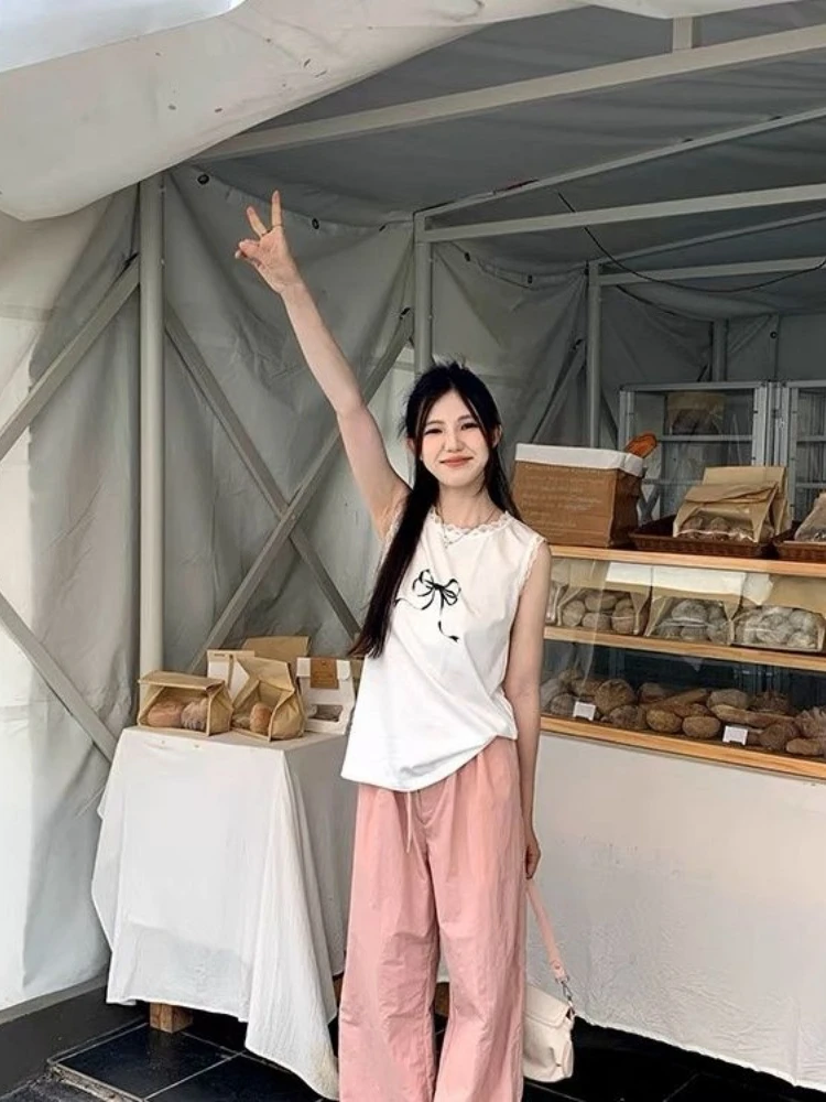 HOUZHOU Kawaii Милая Лоскутная майка Женская корейская мода винтажная Кружевная