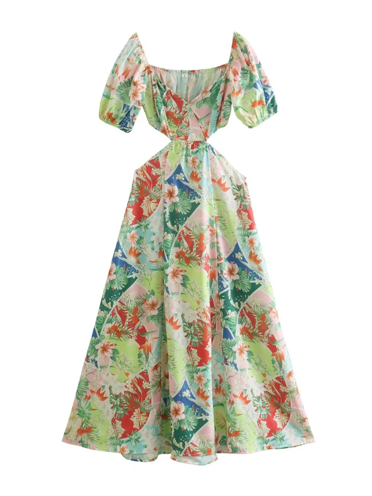 

BBWM Vintage Boho Hollow Out Off The Shoulder Print Women Dresses 2022 Summer Fashion Elegant Female Puff Sleeve Long Dress Chic