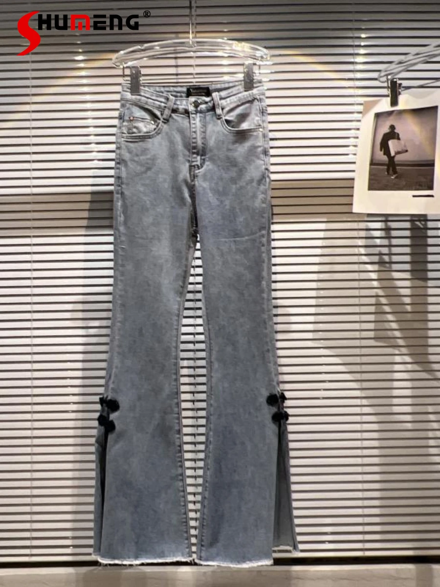 

Female 2022 Summer New Fashion Classic Style Chinese Knot Denim Trousers Women's Elegant Streetwear Side Slit Slim Flared Jeans