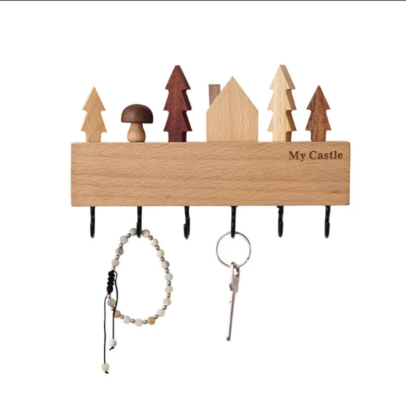 

entry way Wall Mounted Wooden Key Holder Wall Storage Rack with 6 Key Hanger Hooks Wall Mount Hat Bag Coat Rack home decorate