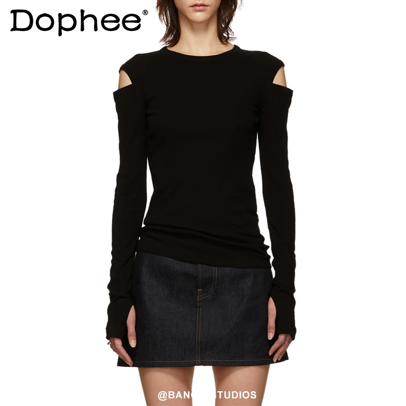 

Sexy Hollow-out O-Neck Long-Sleeved Cotton T-shirt Women Slim Fit Thin Black Tshirt Bottoming Shirt 2022 New Spring Summer Tops