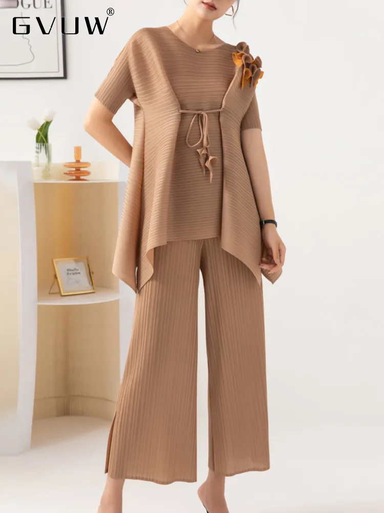 

GVUW Drawstring Pleated Embroidery Pants Set Women Two Pieces Fashion 2023 Autumn New Loose Top Split Wide Leg Trousers 17G0904