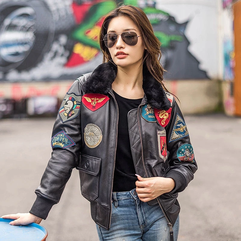 Dark Brown TOP GUN Maverick G1 Jacket Women Military Style Natural Thick Cowhide Winter Warm Aviator Genuine Leather Coats