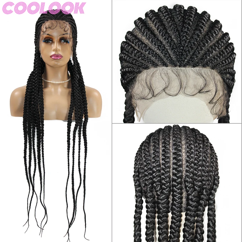 36 Inch Full Lace Box Braid Wig with Baby Hairs Long Knotless Box Braid Frontal Wig Ombre Synthetic Braided Wigs for Black Women