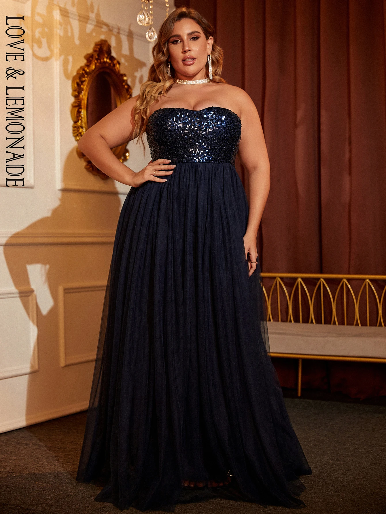 

LOVE&LEMONADE Женское сексуальное синее платье макси без рукавов с блестящим сетчатым верхом, модель LM84399PLUS