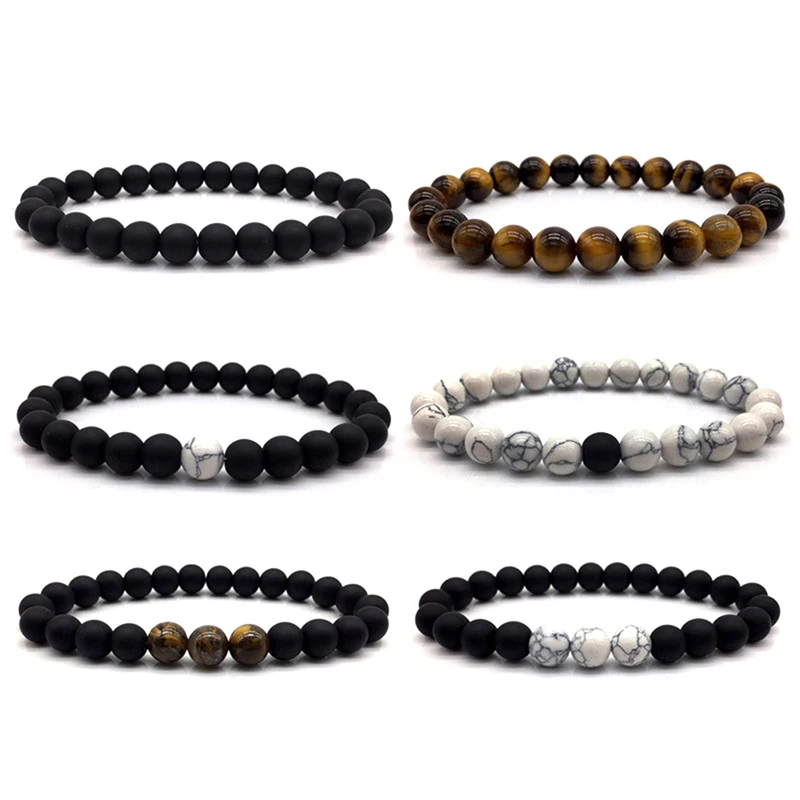 

High Quality Natural Stone Bracelets Couple Spacing Beads Black Lava Rock Stone White Stretch Charm Strand Bracelet Men Jewelry