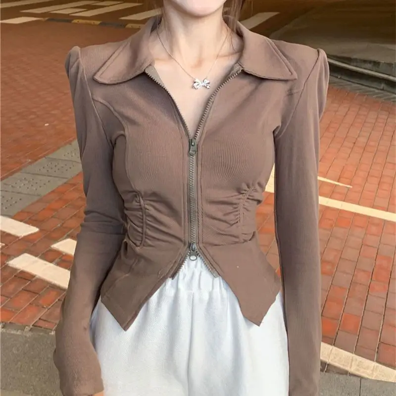 

Осенний вязаный свитер на молнии, женские эластичные вязаные топы с отложным воротником и длинным рукавом, Зимние Модные базовые свитера