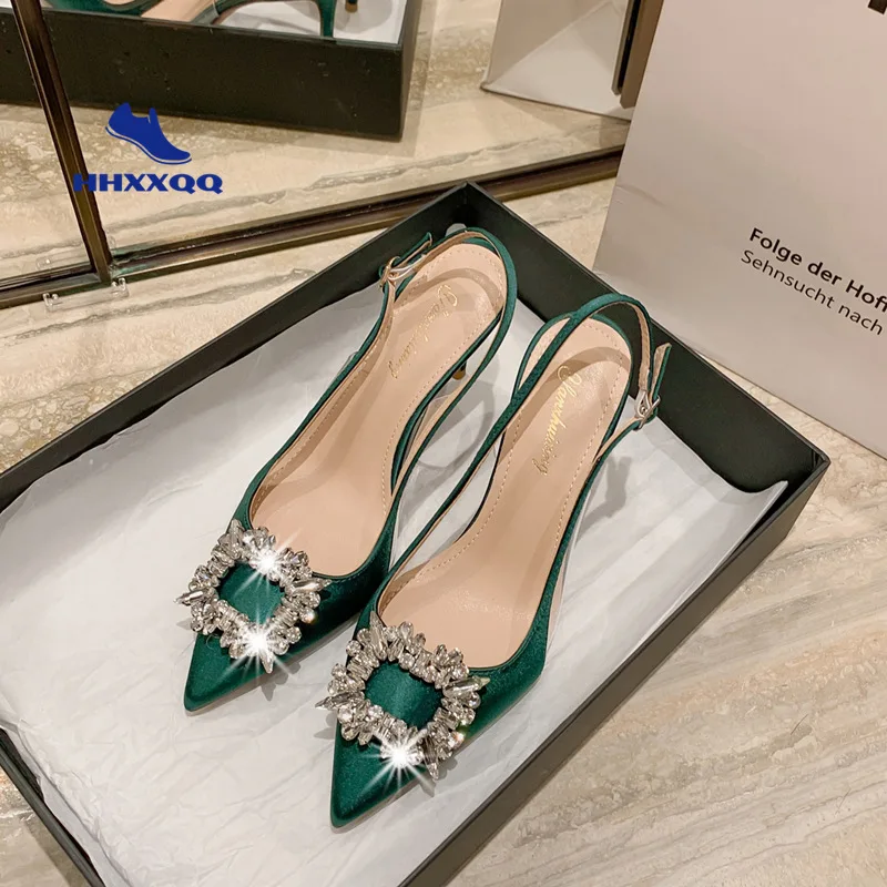 

2022 Summer New Sandals Women's Pointed Toe Satin Rhinestone Square Buckle Baotou Korean Green High Heels Wedding Shoes
