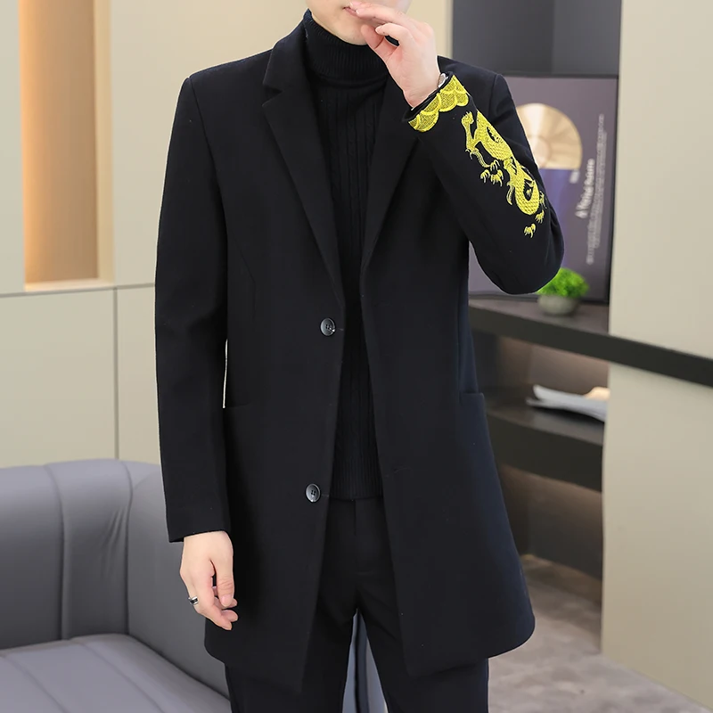 Длинное зимнее мужское пальто с вышивкой дракона верхние теплые шерстяные