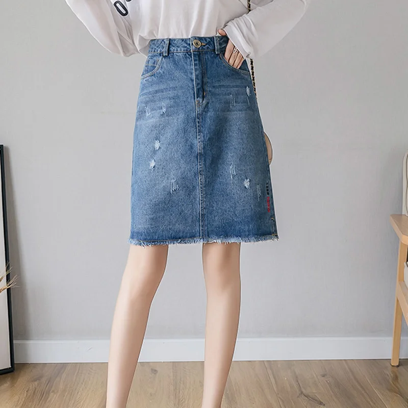 

Korean High Waist Tassel Denim Large Sizes Loose Embroidery Jean Casual A-line Pocket Jeans Mini Women Skirts