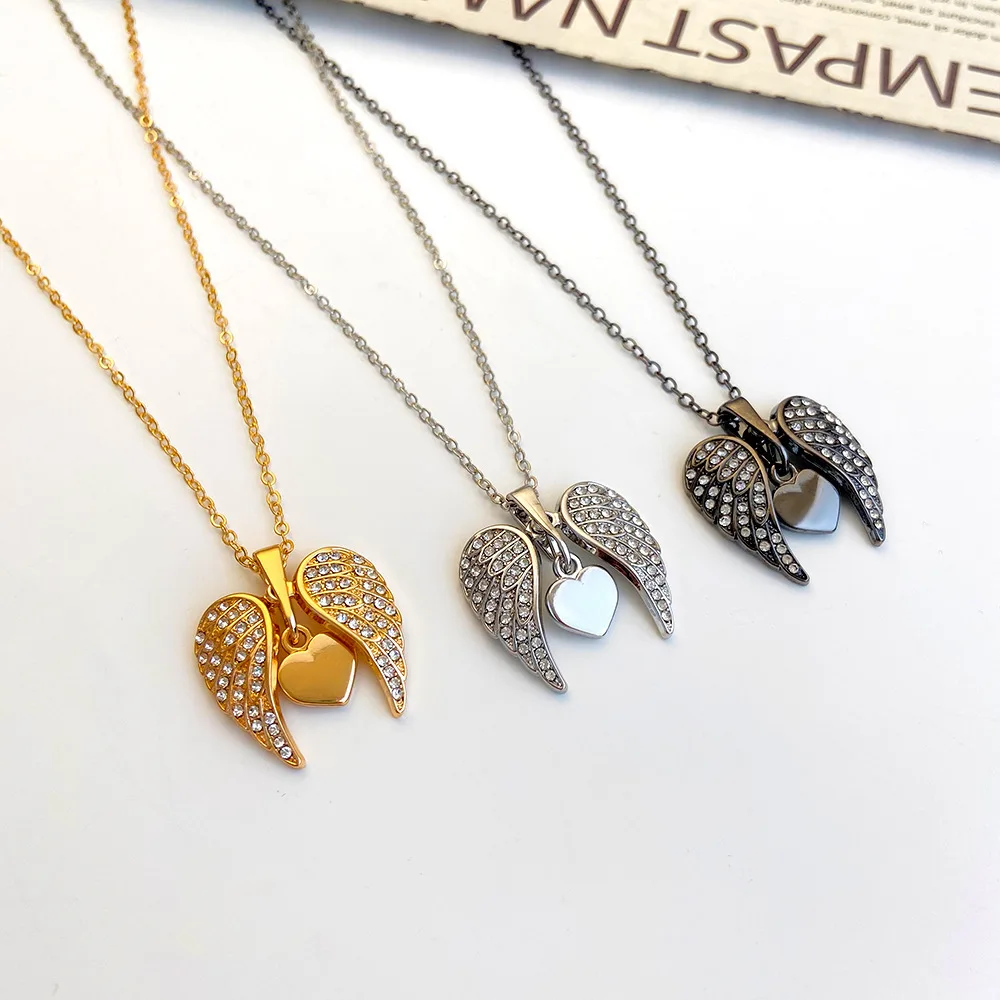 

Angel Wings Love Pendant Necklaces for Women Girl Rhinestones Black Silver Color Chain Necklaces 2022 Fashion Jewelry Gift