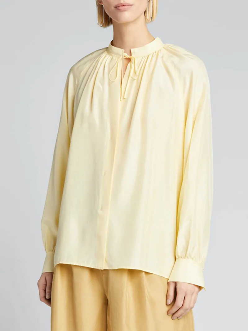 

Women's Yellow O-Neck Lace-Up Loose Blouse 2022 Summer New Casual Simple Top Ladies Covered Button Long Sleeve Shirts