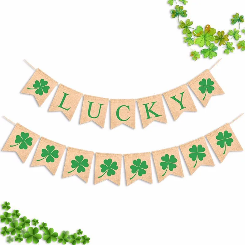 

Burlap St.Patricks Day Be Lucky Banners Shamrock Garland Spring Banner Four Leaf Bunting Decoration
