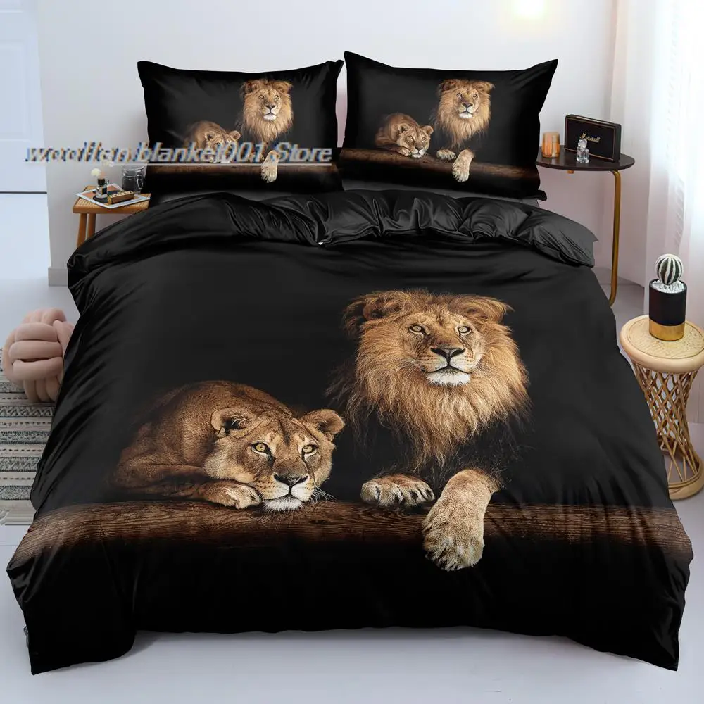 

3D Black Bedding Set Custom Design Lion Quilt Cover Sets Animal Comforter Cases Pillow Cases King Queen Super King Twin Size
