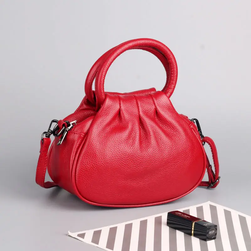 Leather Pleated Women's Bag Round Handle 2022 New Vintage Cow Leather Handbag Casual Simple Versatile Women's Crossbody Bag