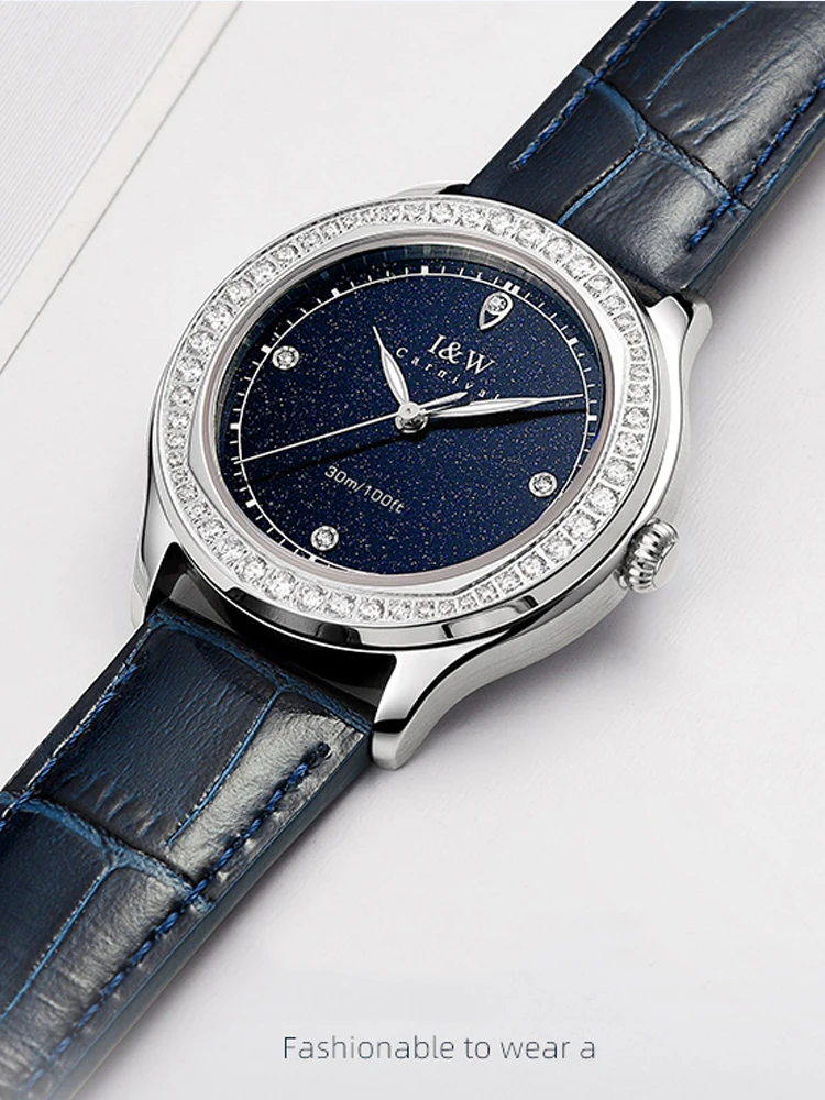 New IW Quartz Wristwatches for Wommen Luxury Rhinestones Starry Sky Dial Fashion Watches High-quality Leather Strap reloj mujer