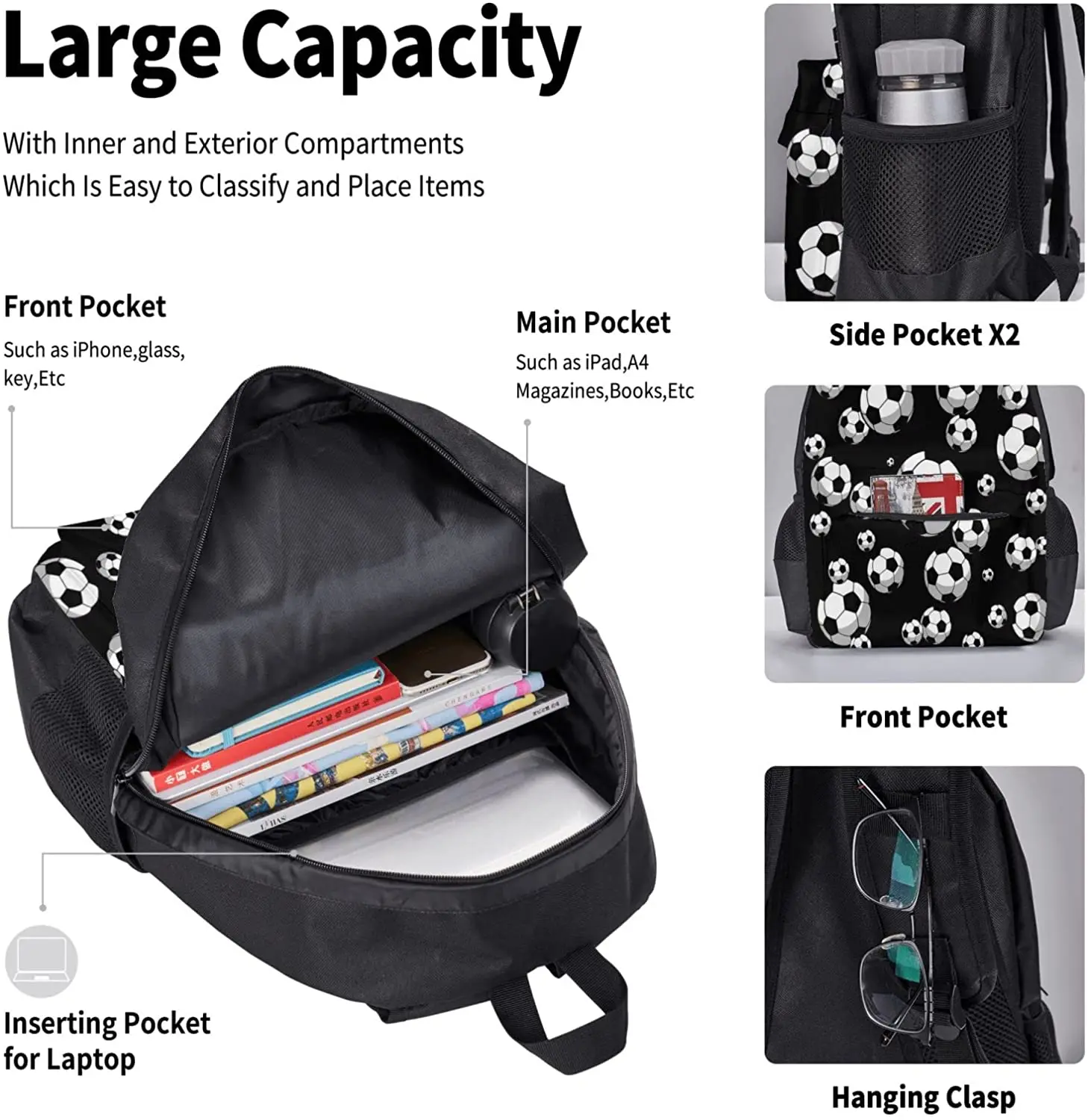 Kids School Backpack Soccer Ball Schoolbag Travel Bag Casual Daypack Lunch Bag Pencil Case for Boys Teens Girls 3pcs Sets