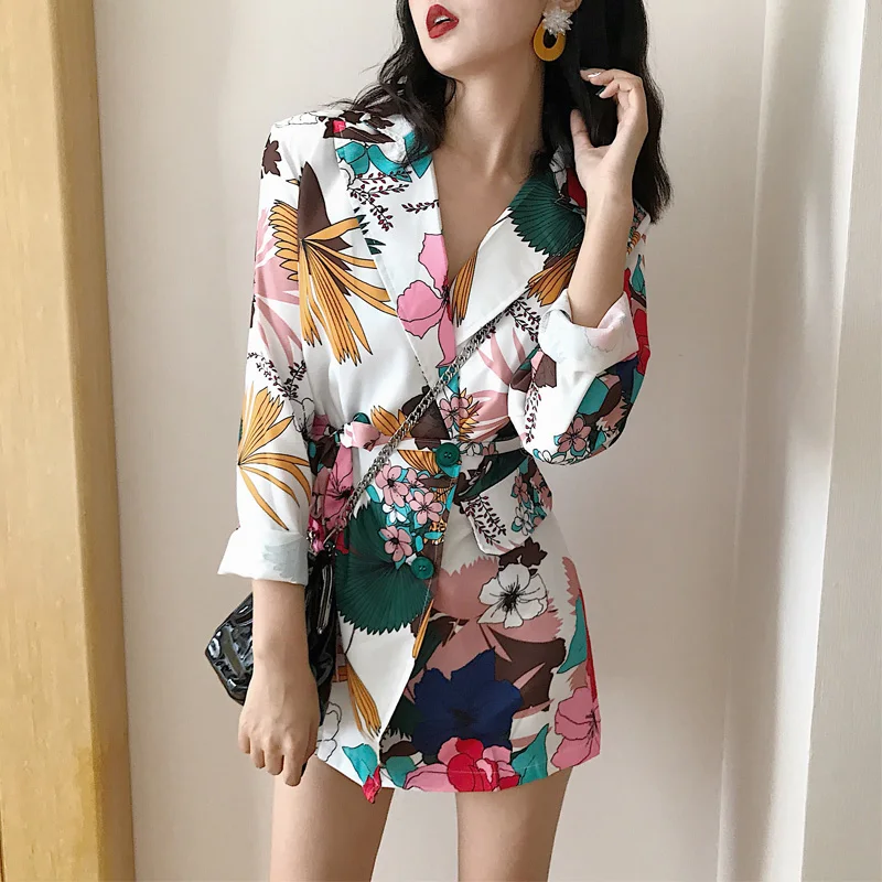 Multicolor Forest Printed Blazer with Bandage Women Mid-Length Single Breasted Suit Summer Indie Fashion Casual Office Blazer OL