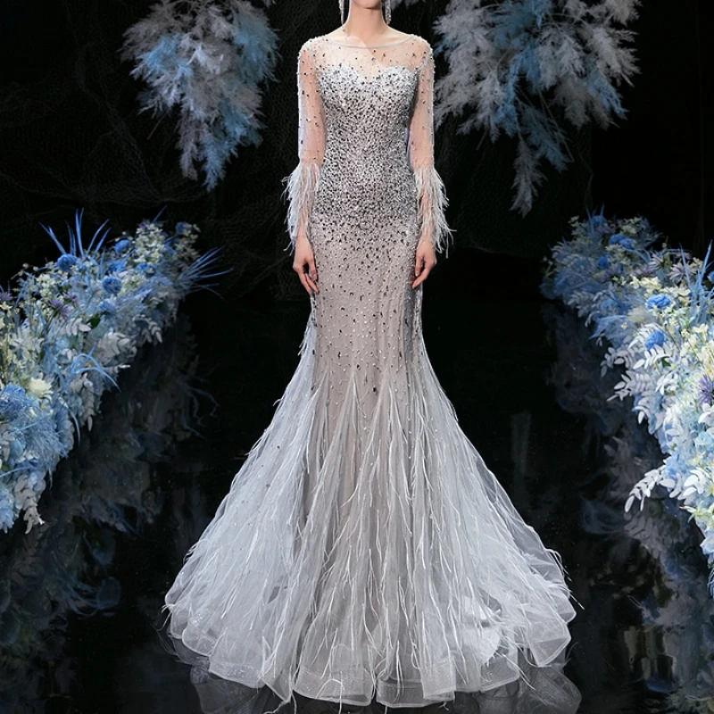 

Ashely Alsa Luxury Heavily Beaded Formal Evening Dress Long Sleeve Crystal Feather Women Party Occasion Dresses Pageant Gown