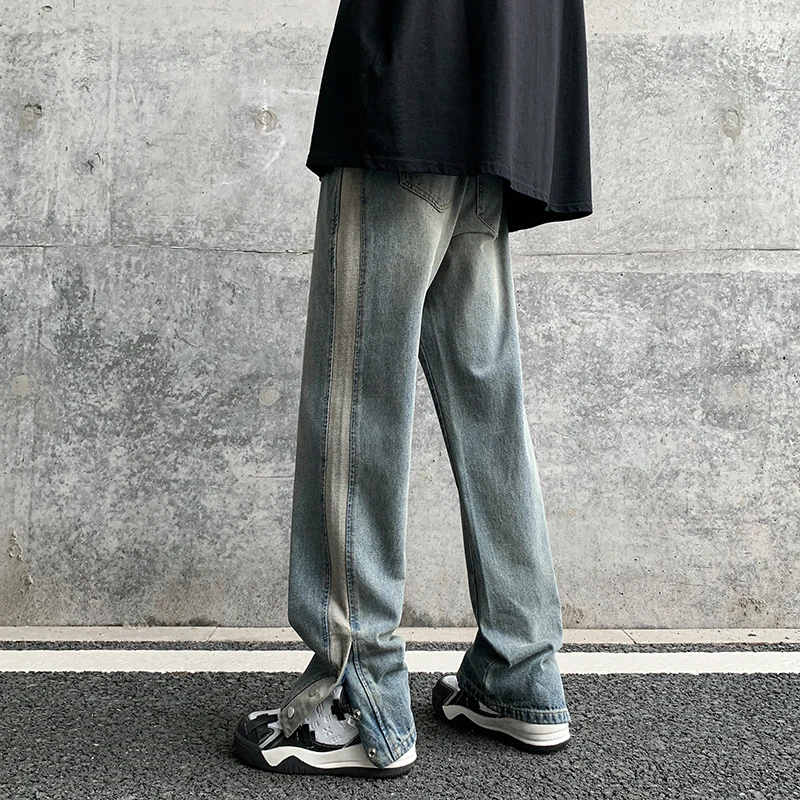 CUMUKKIYP American Streetwear Splice Button Split Jeans for Men Spring Summer Casual Loose Vintage Straight Denim Pants