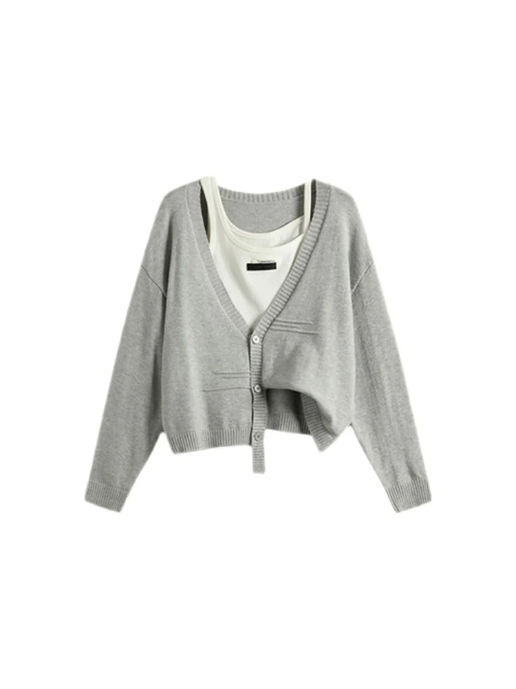 

Women Autumn Winter V-neck Contrast Color Knitwear Tops Oversize Fake Two Pieces Long Sleeve Design Knitted Cardigan Sweater