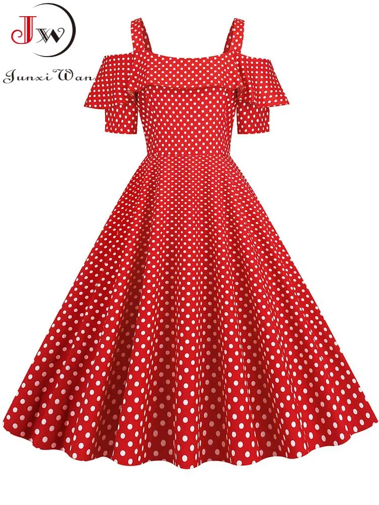 

Винтажное плиссированное платье в горошек с высокой талией 50s Pinup, женское летнее платье на бретельках с элегантными оборками, вечерние Сарафан