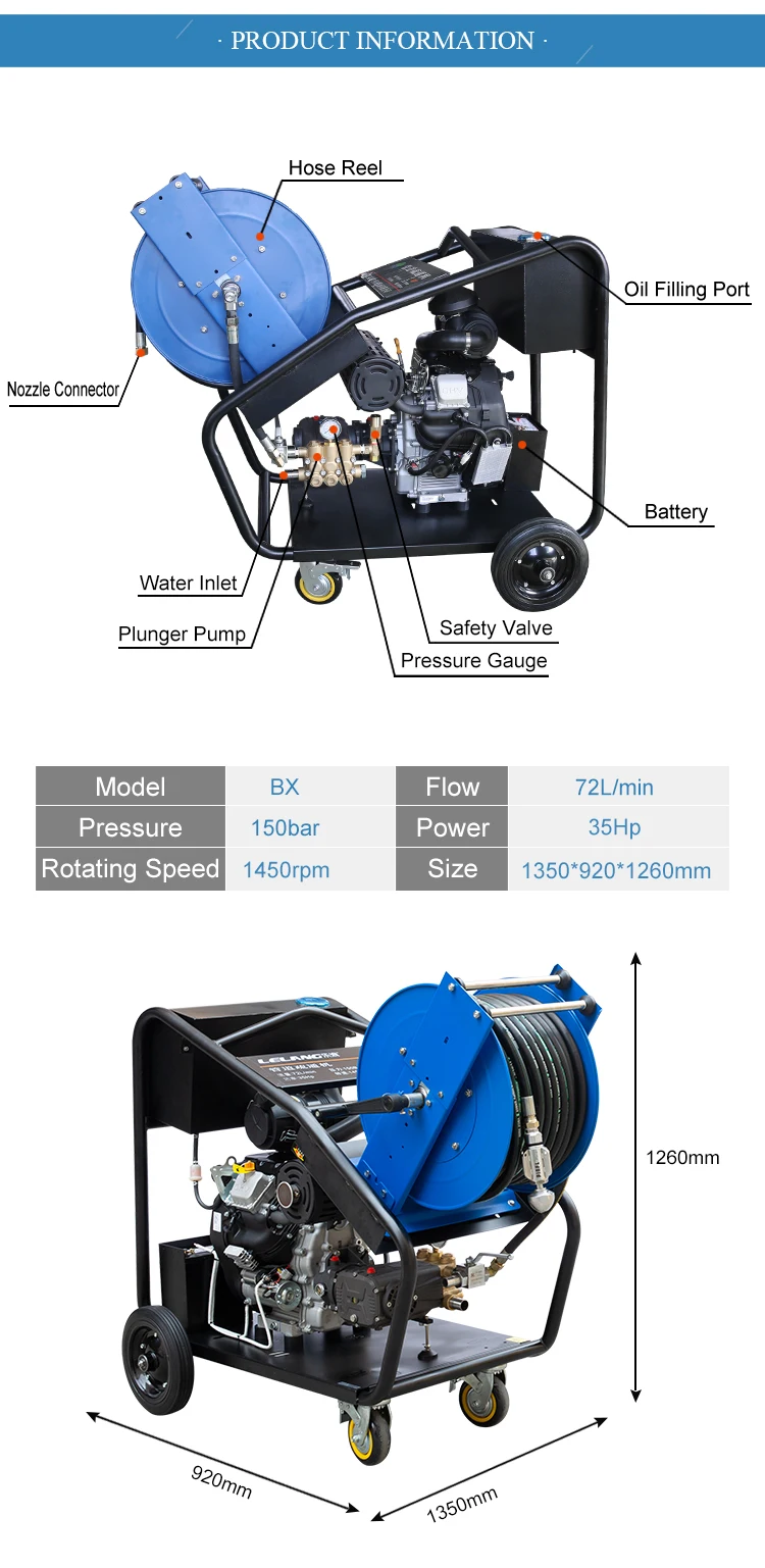 70LPM 150Bar Муниципальная санитарная машина для дноуглубления труб Бензиновый