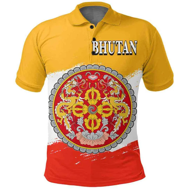 Bhutan Герб 3D Рубашка-поло с принтом Kingdom Of Map Флаг Графическая футболка-поло Модные