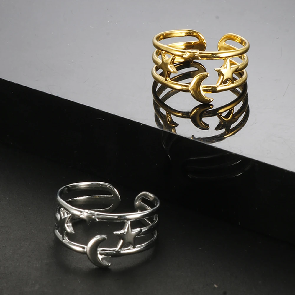 

Trendy Moon Star Charm Ring Stainless Steel Hollow Adjustable Opening Finger Rings For Women Girl Couple Waterproof Jewelry Gift