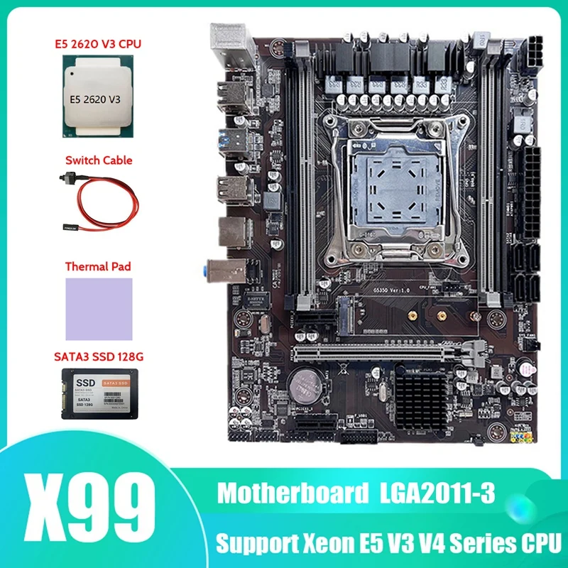 

Материнская плата X99, системная плата компьютера с процессором E5 2620 V3 + SATA3 SSD 128G + термопад + кабель переключателя