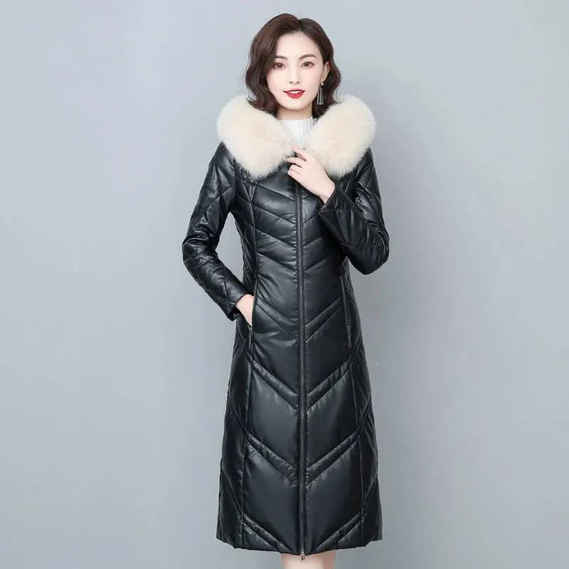 

New Women Leather Down Jacket Autumn Winter 2022 Fashion Warm Hooded Real Fox Fur Collar Slim Long Sheepskin Down Coat Female
