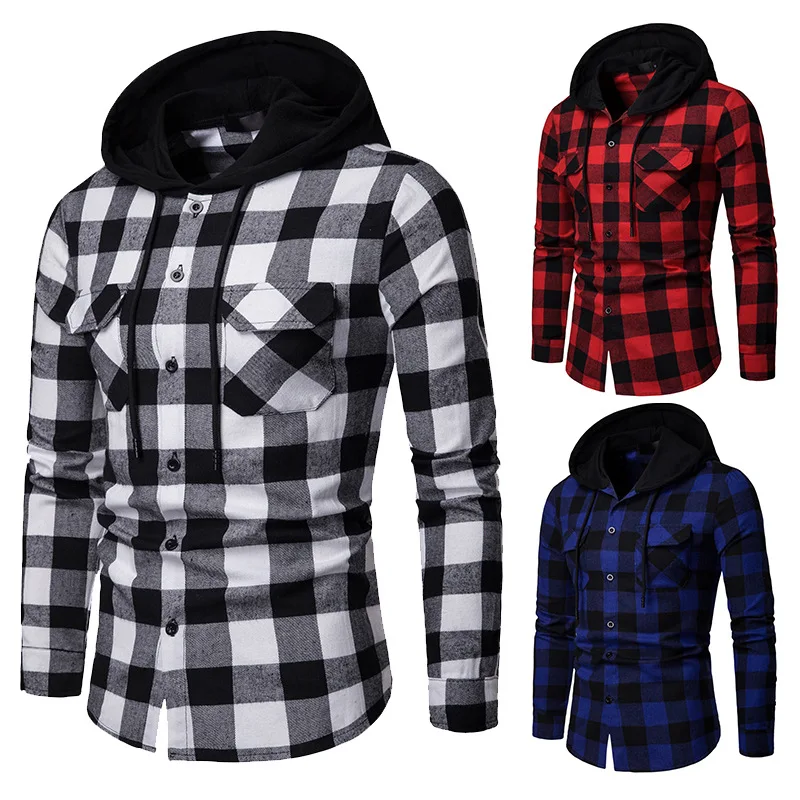 Spring Autumn Fashion Men's Casual Hooded Long Sleeve Shirts European Size Men's Business Plaid Cardigan Tops Ordinary Jackets