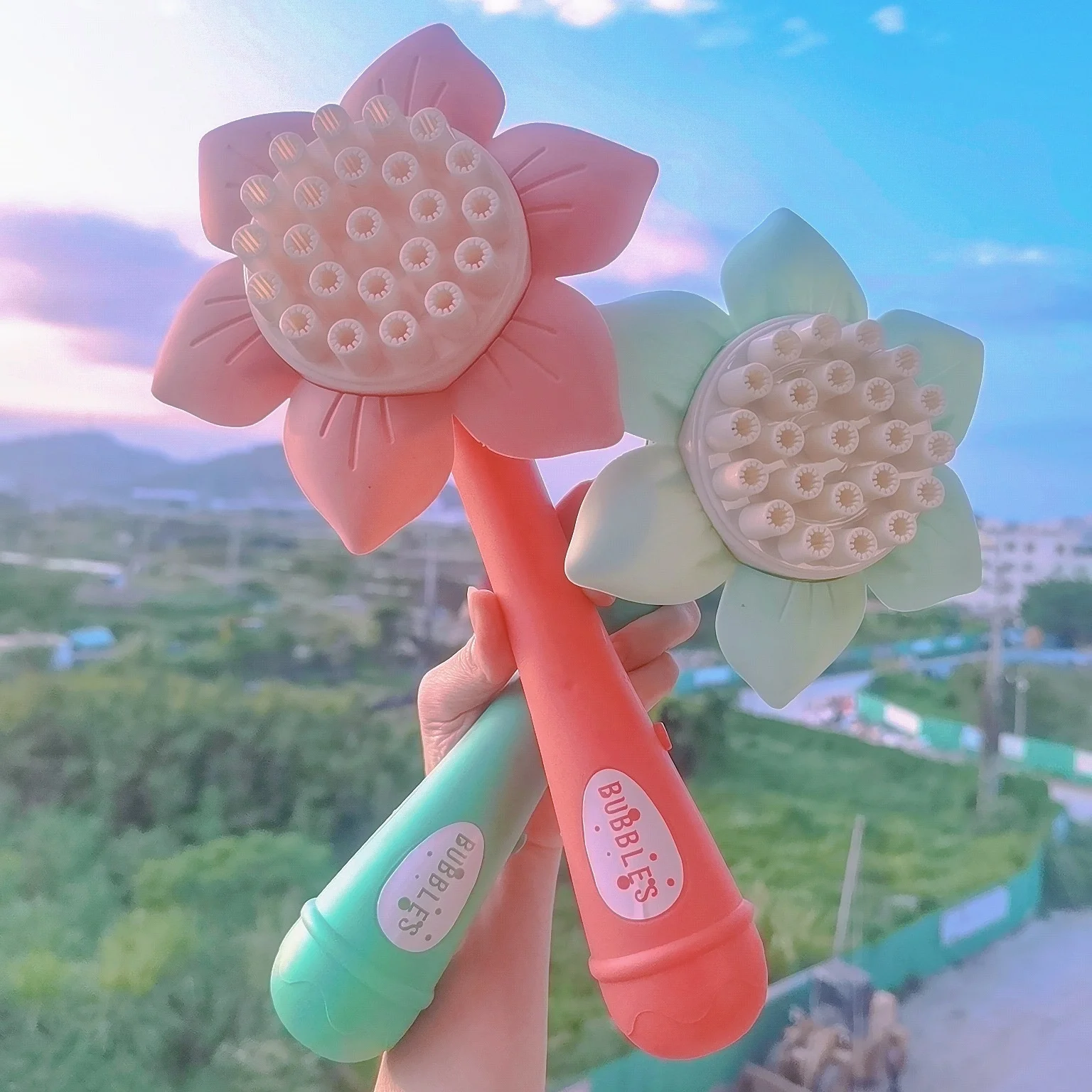 

Tiktok Same Sunflower Shower Bubble Machine 23 Hole Net Red Gatlin Bubble Gun Bubble Water Stick