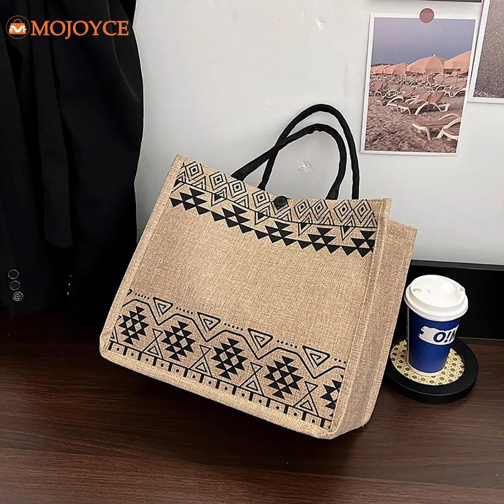 

Female Casual Shoulder Fashion Large Capacity Bag Square Handbag Pattern Beach Linen Fabric Top-handle Bag