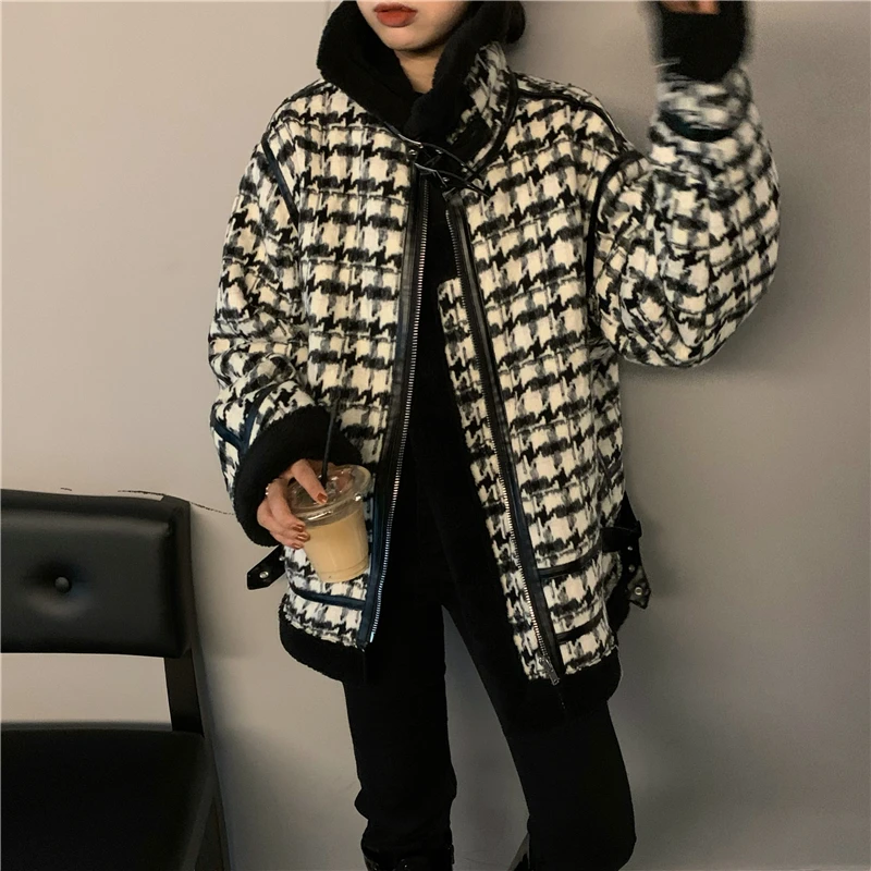 

Women 2022 Winter Streetwear Jacket Vintage Thick Warm Winter Coat For Women Thickened Houndstooth Lamb Wool Motorcycle Jacket