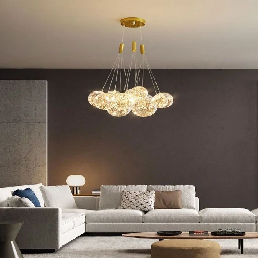 

LED Chandelier Lighting Golden Modern Creative Kitchen Island Hanging Lamp Dining Room Bedroom Gypsophila Glass Ball Luminaires
