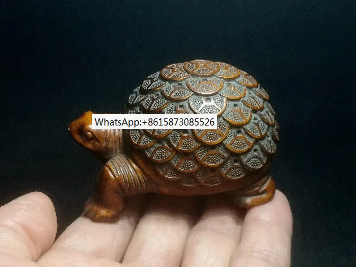 

Japanese boxwood hand carved coin turtle Figure statue table deco collectable