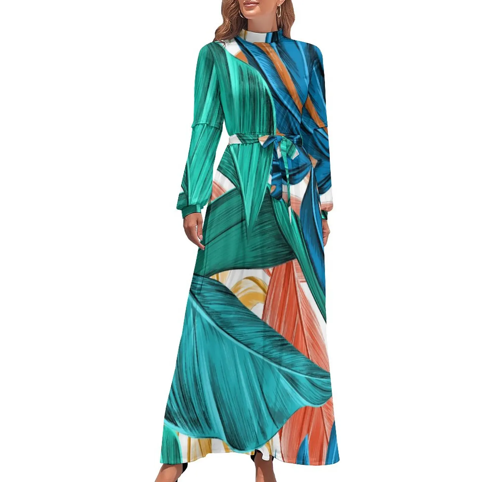 

Tropical Leaves Dress High Waist Green And Blue Custom Bohemia Dresses Long-Sleeve Streetwear Long Maxi Dress Elegant Vestidos